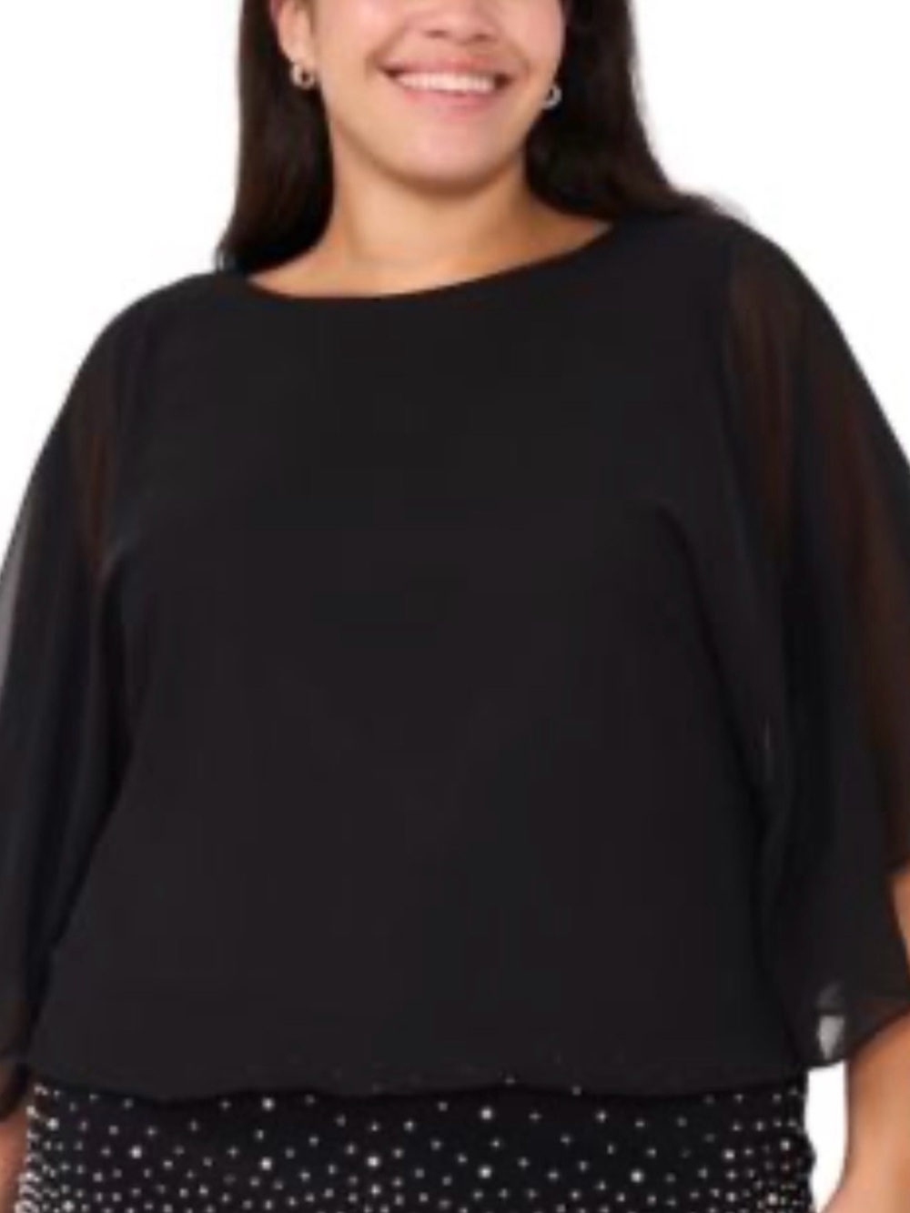 #3231*”28x33” Roz & Ali Black Beaded Hem Flutter Sleeve Top